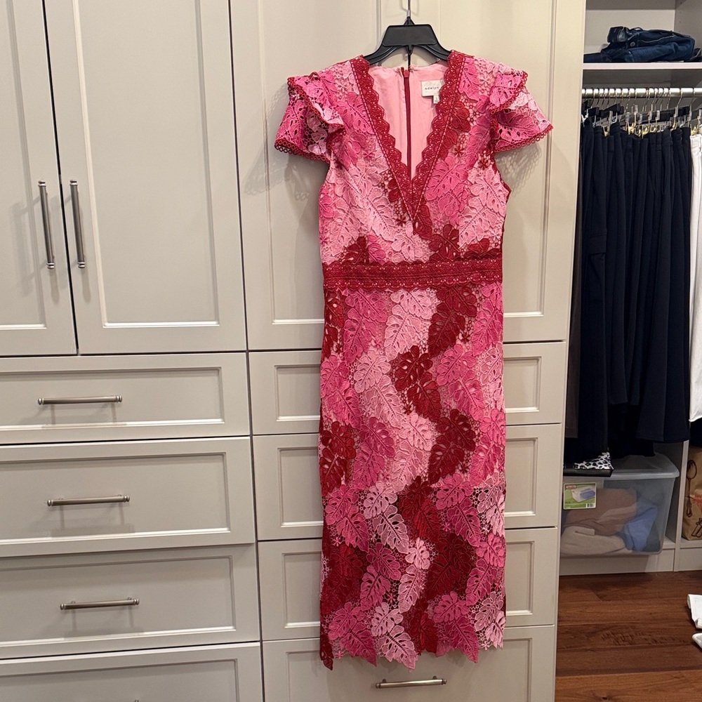 Adelyn Rae Pink & Red Lace V-Neck Midi Dress